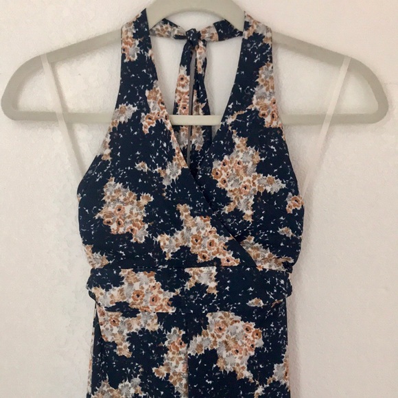 Vintage Huk-a-poo bohemian flowy navy gold flower printed halter tie maxi dress - Picture 3 of 8